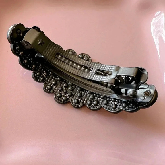 Rose Pink and Pink Aurora Borealis Crystal set in Black Hematite Hair Barrette - Picture 4 of 7